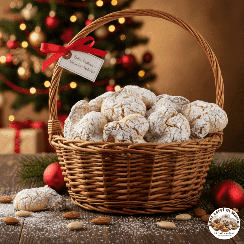 cesta in vimini con Biscotti alle mandorle classici dolci delizie siciliane con zucchero a velo sotto albero di natale