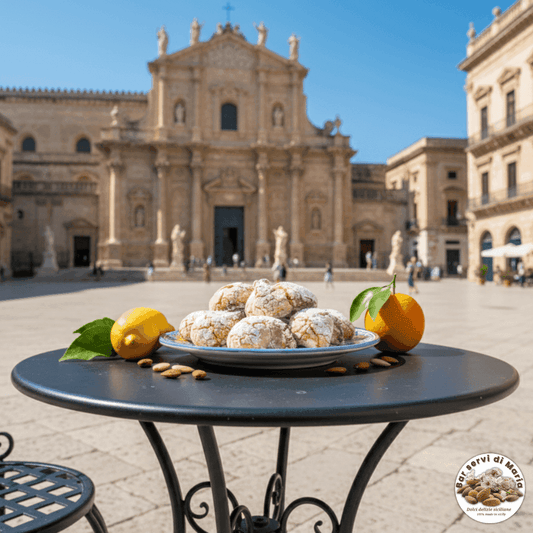 Biscotti alle mandorle classici dolci delizie siciliane con zucchero a velo su tavolino in centro piazza siciliana