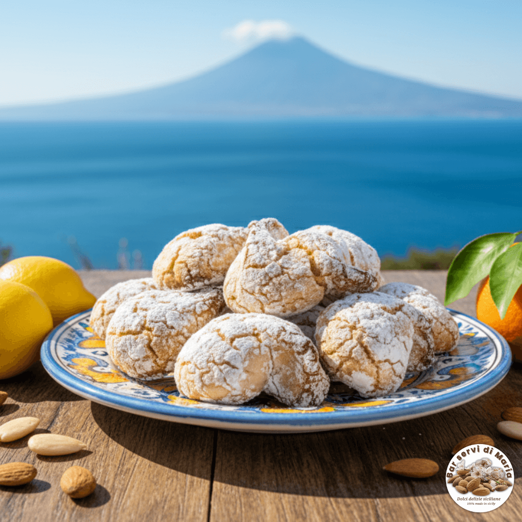 Biscotti alle mandorle classici dolci delizie siciliane con zucchero a velo su vassoio con sfondo terrazza sul mare e vulcano Etna sicilia