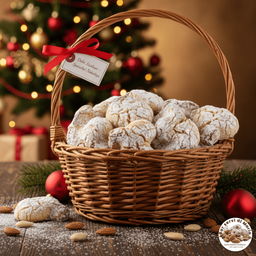 cesta in vimini con Biscotti alle mandorle classici dolci delizie siciliane con zucchero a velo sotto albero di natale