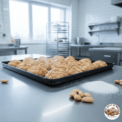 Biscotti alle mandorle con mandorle a scaglie dolci delizie siciliane su teglia da forno in laboratorio di pasteicceria