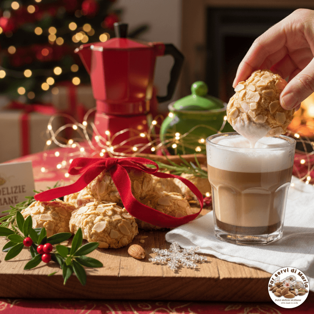 Biscotti alle mandorle con mandorle a scaglie dolci delizie siciliane inzuppo in tazza di lattemacchiato bollente