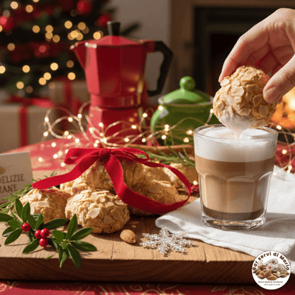 Biscotti alle mandorle con mandorle a scaglie dolci delizie siciliane inzuppo in tazza di lattemacchiato bollente