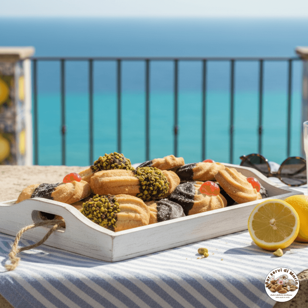 Biscotti al burro dolci tipici siciliani al sole, con ambientazione estiva che richiama il mare e la freschezza.